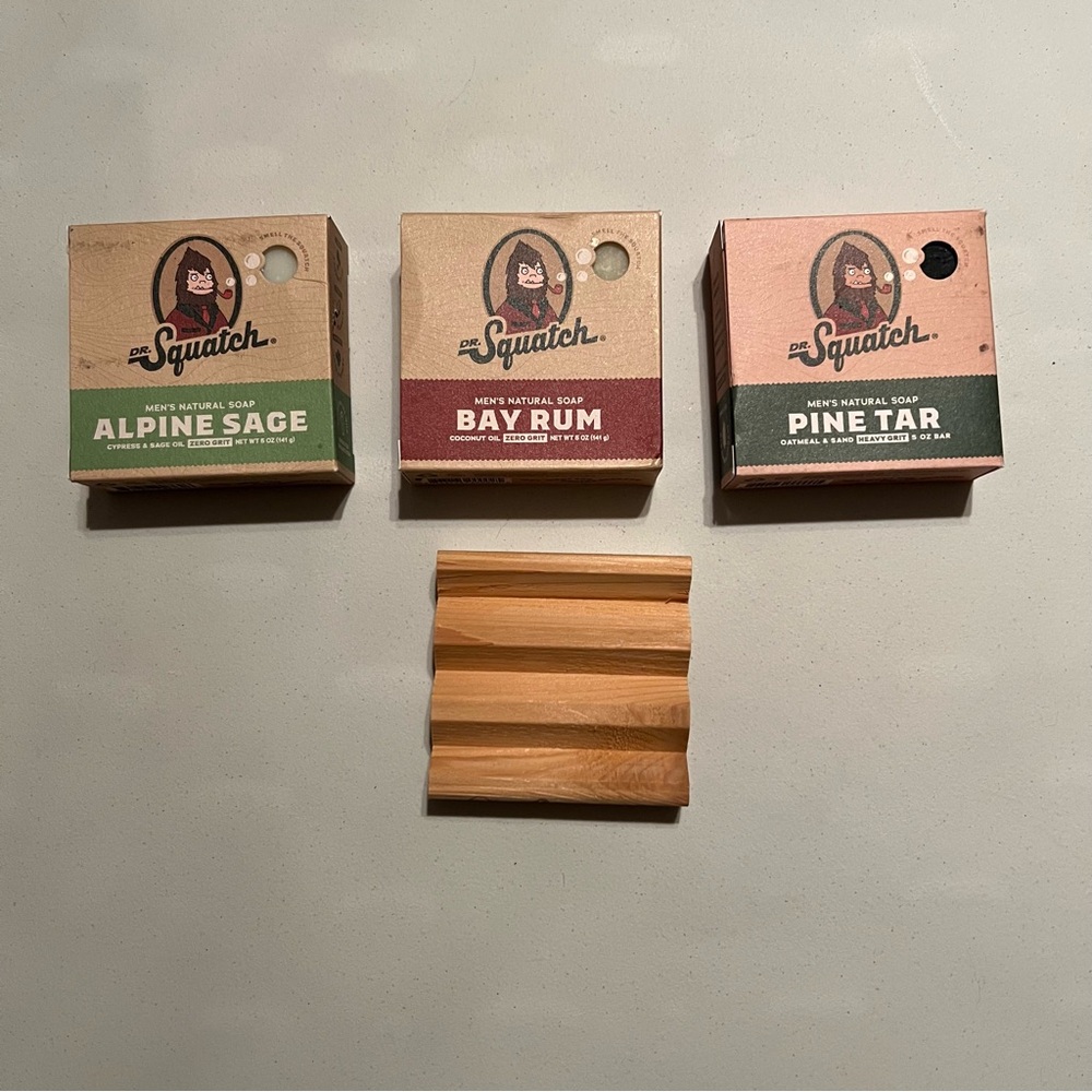 Dr Squatch bars of soap with holder (Pine Tar, Bay Rum, and Alpine Sage)